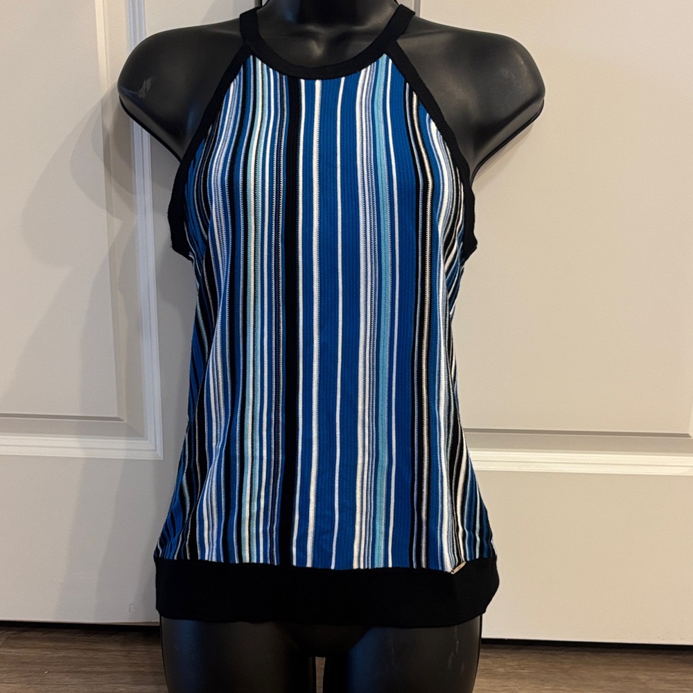 Elie Tahari Women's Blue and Black Striped Tank Top